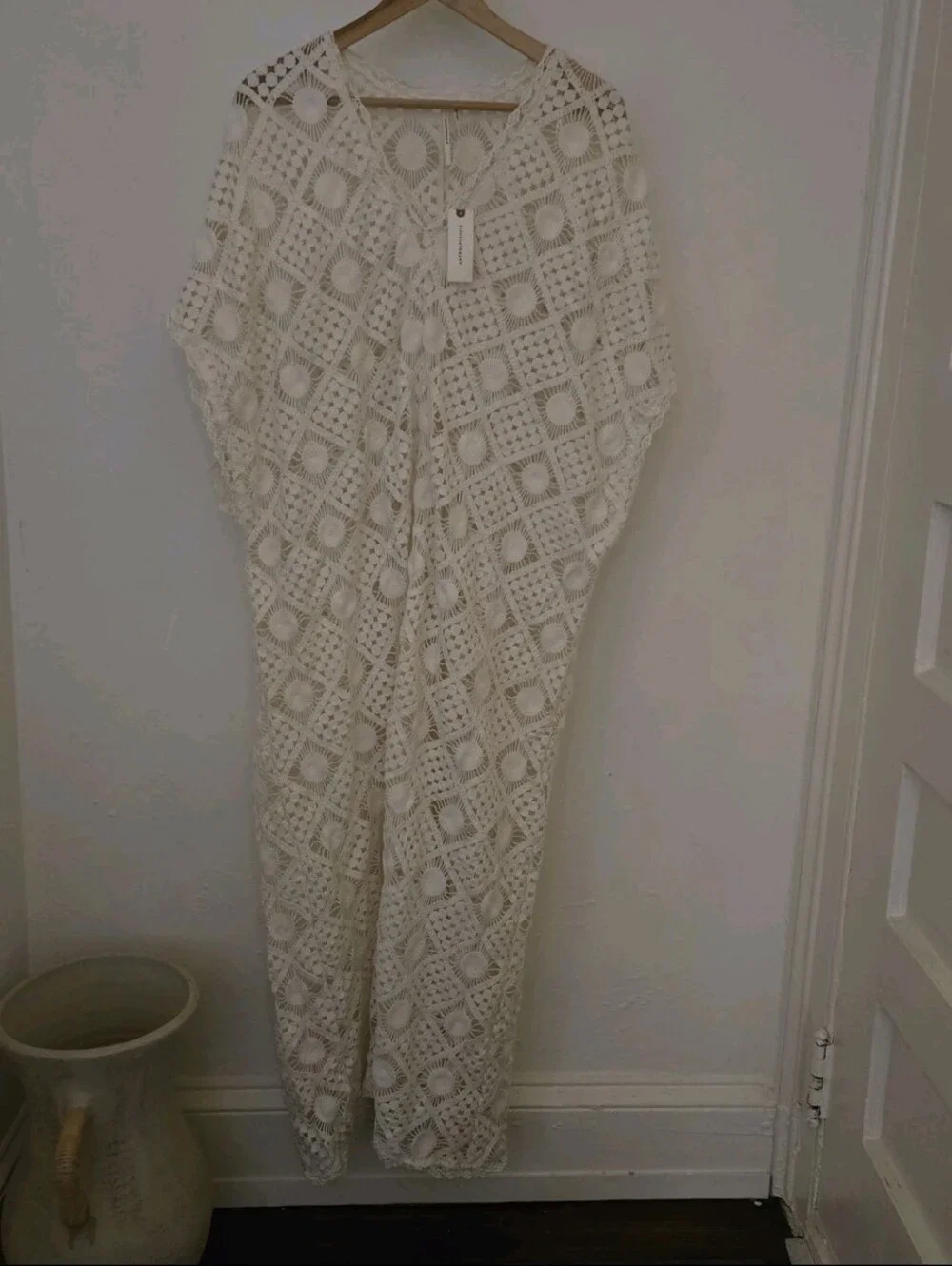 Anthropologie Ivory Crochet Maxi Swim Coverup Kaftan Size M/L